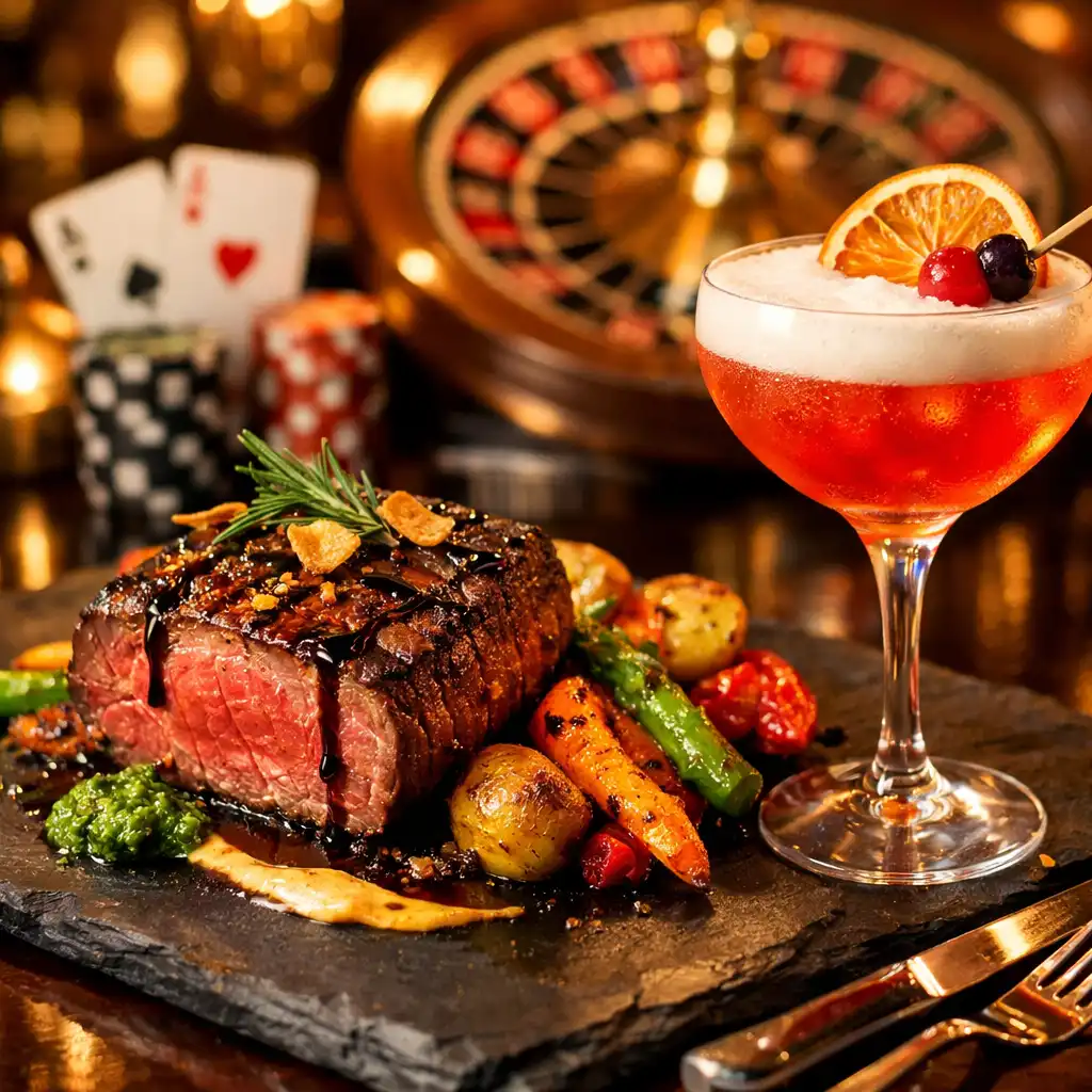 Ínycsiklandó grillezett steak zöldségekkel és koktél egy elegáns étteremben